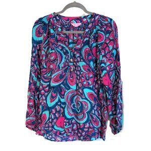 Lilly Pulitzer Elsa Silk Top Blouse Medium Reel Me In Blue Print Long Sleeve EUC